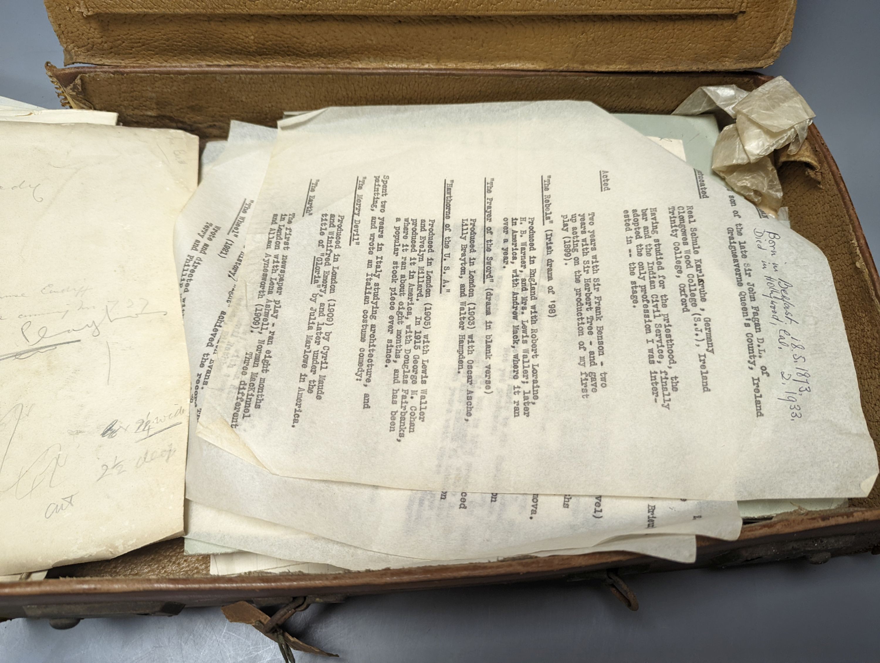 James B Fagan (1873-1933) Irish playwright, correspondence, ephemera to and from the writer including a letter from Gielgud